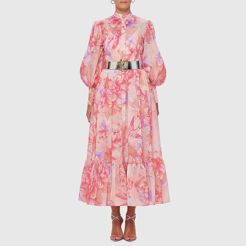 Early Spring Elegant Lantern Sleeve Niche Design Printed Belt Waist Tight Maxi Dress for Women（Belt To The Real Picture Shall Prevail）