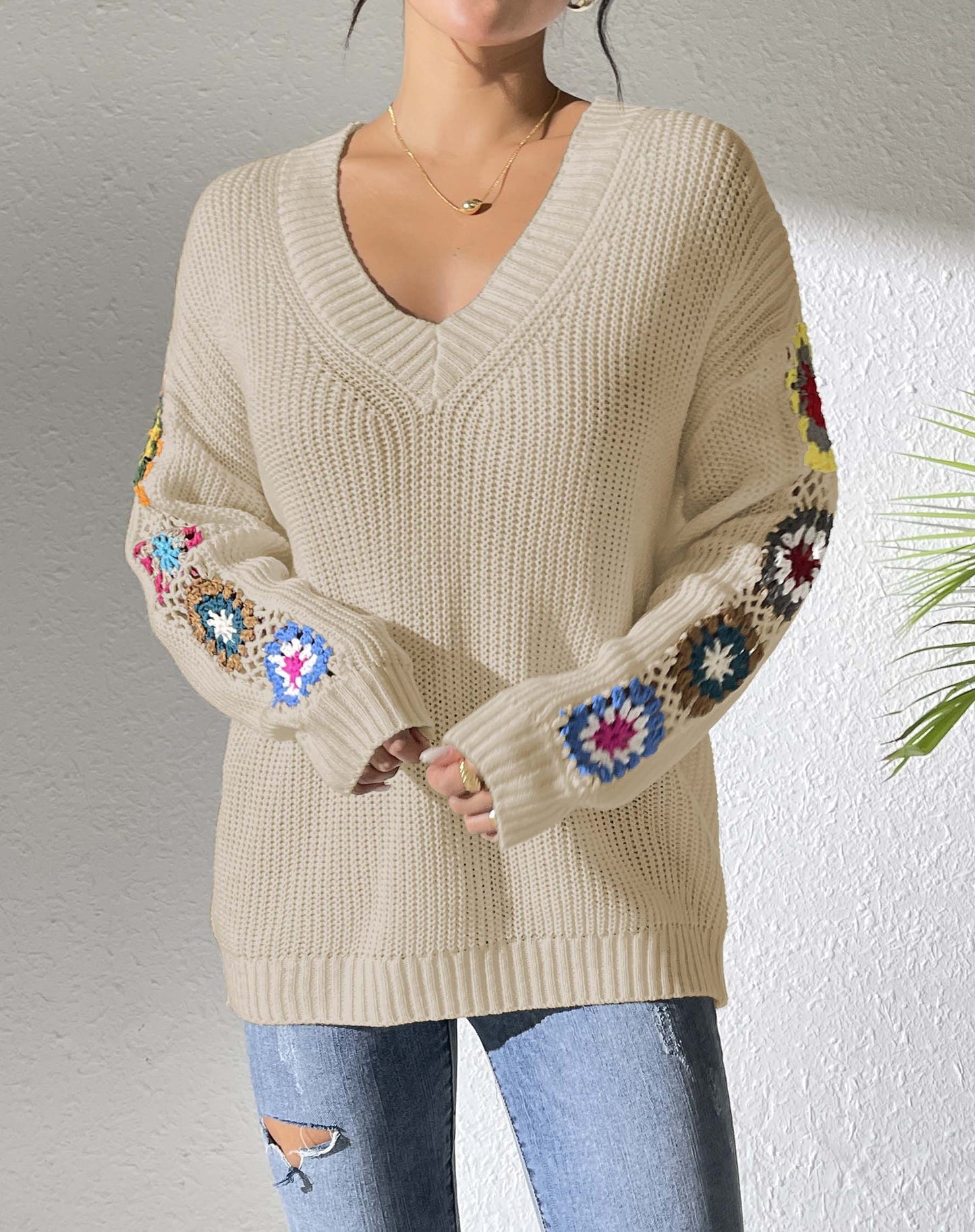 Autumn Winter Women Clothing Random Mixed Color Hand Hook Floral Stitching V Neck Pullover Sweater