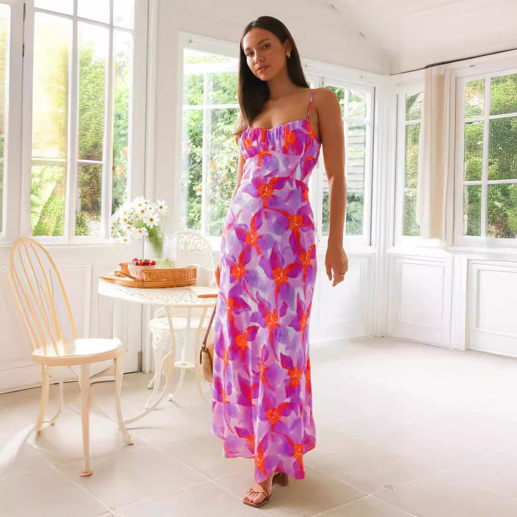 Robe mi-longue dos nu à imprimé floral d'été frais et doux