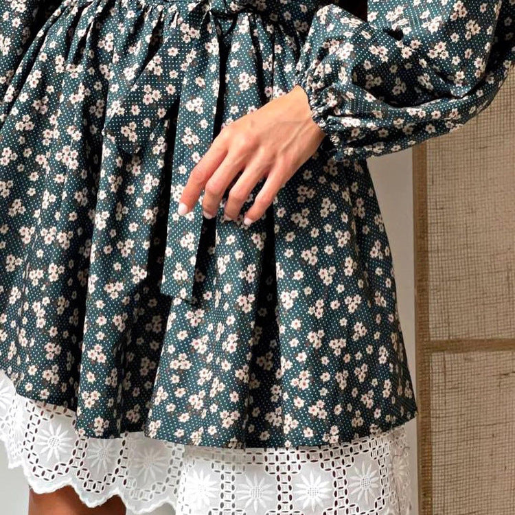 Fall Women Clothing French Elegant Puff Sleeve Floral Dress Women Stand up Collar Cinched Long Sleeve A line Dress