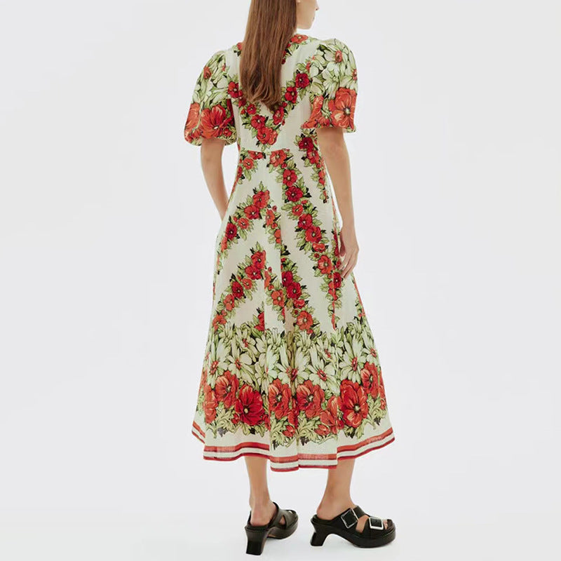 Vestido de corte Retro con diseño estampado, elegante vestido Maxi adelgazante de cintura alta con mangas abullonadas para mujer