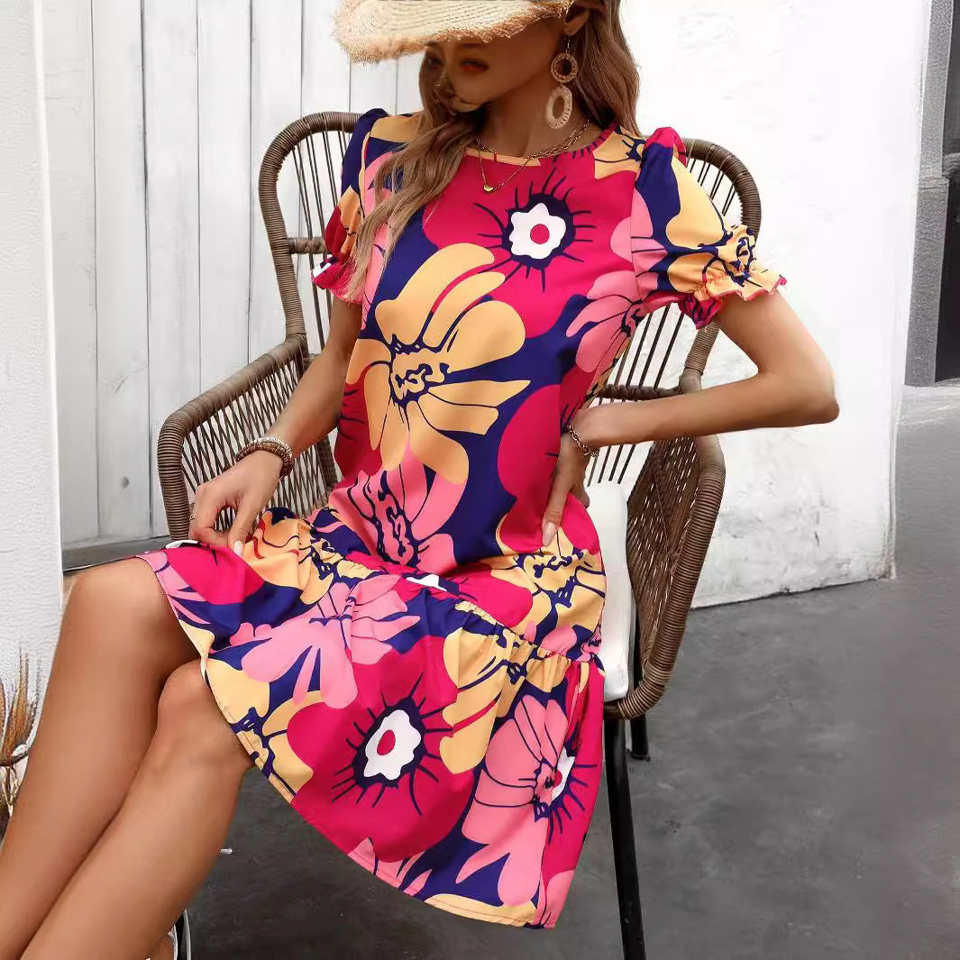 Summer Elegant Women Floral Print Lantern Sleeve Vacation Casual Dress