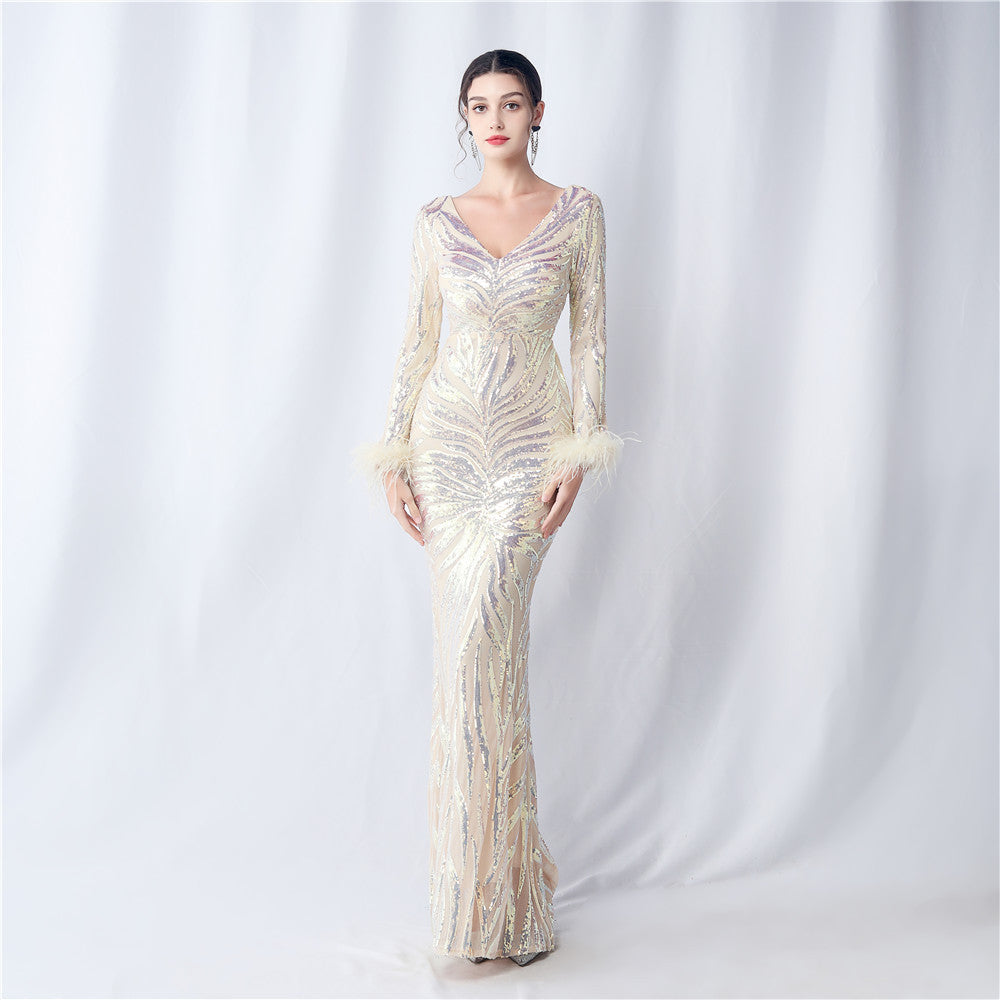 Craft Order Ostrich Feather Positioning Floral Cut Long Sleeve Sequin Evening Dress