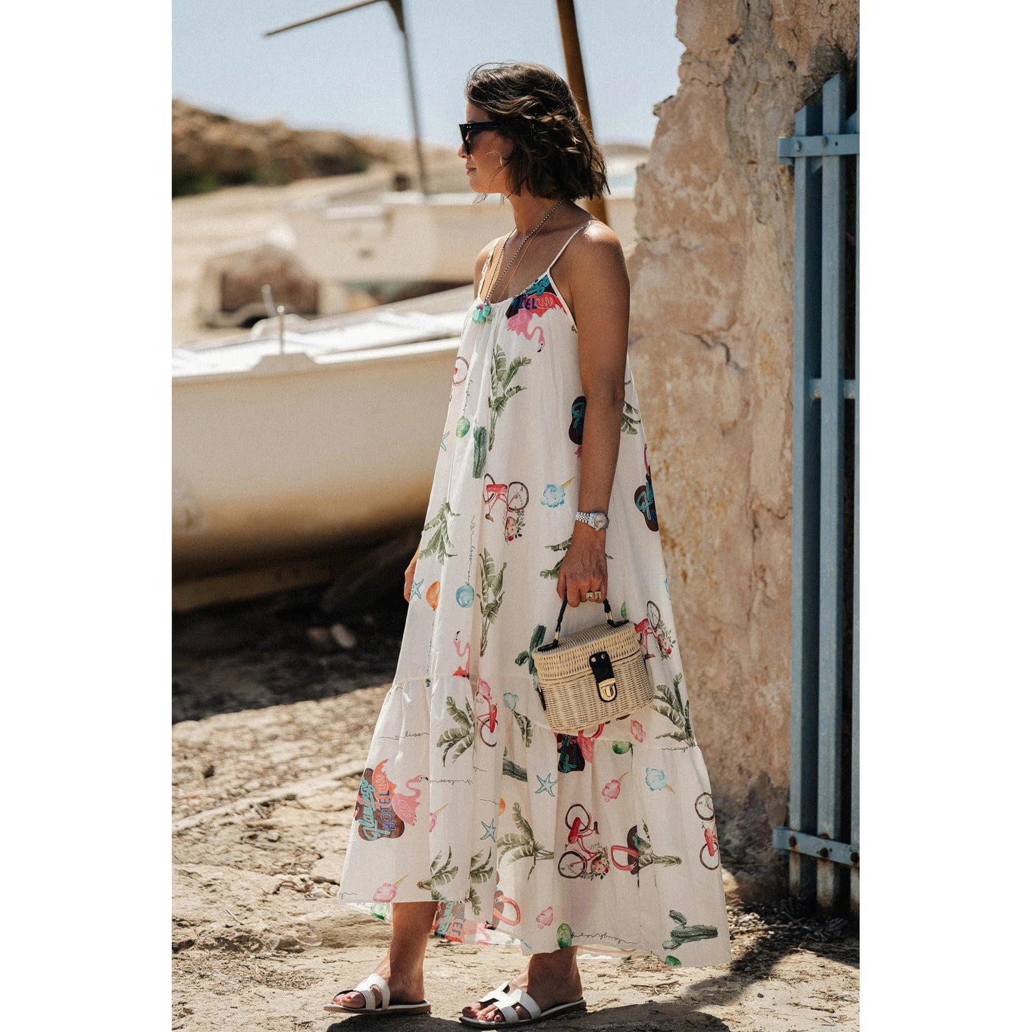 Robe de vacances décontractée ample à imprimé floral à bretelles spaghetti superposées printemps été