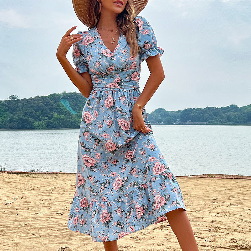 Blue Dress Slimming Summer Seaside Holiday Women Clothing