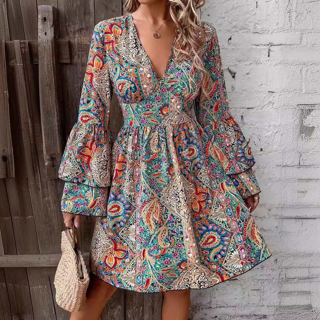 Autumn Winter Elegant Women Floral Print V neck Flare Sleeve Dress