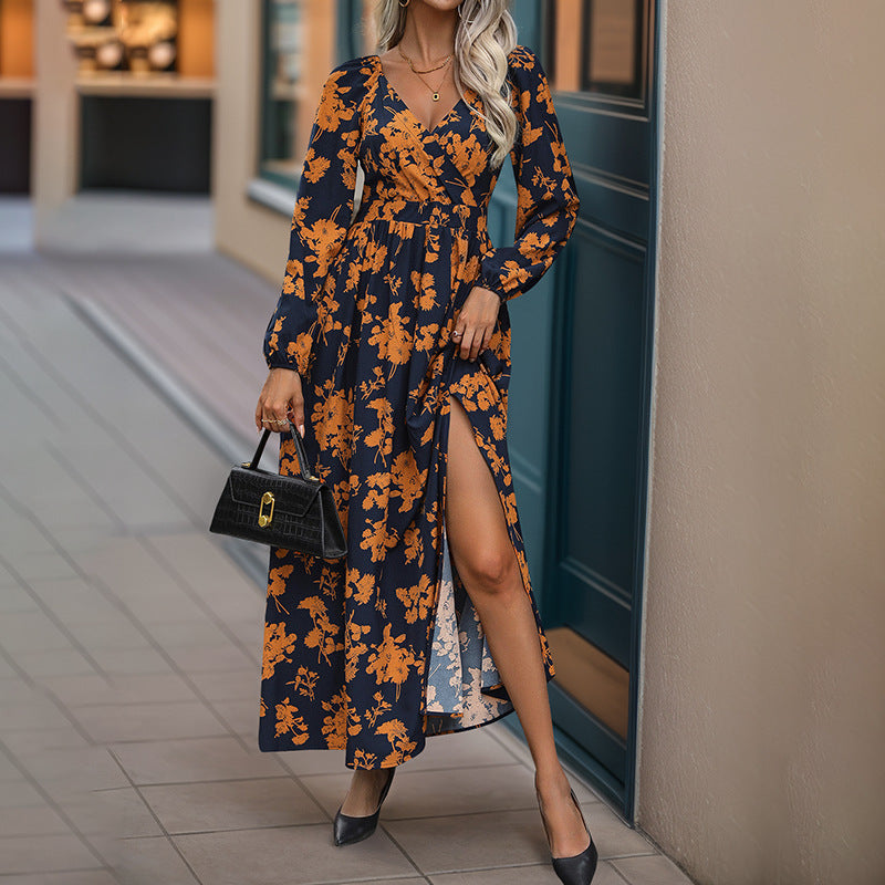 Dress Autumn Long Sleeve V Neck Printed Dress