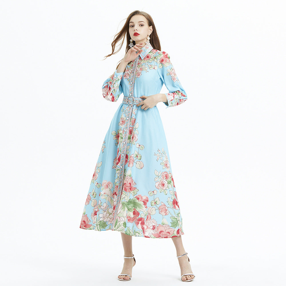 Vacation Style Blouse Collar Floral Print Waist Single Breasted Ruffled Long Dress