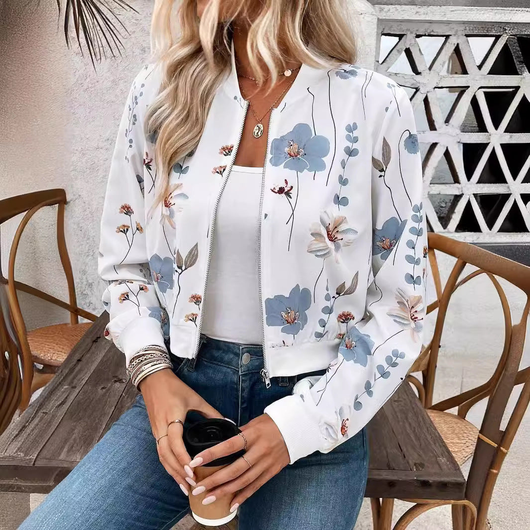 Autumn Winter Elegant Women Zipper Floral Print Long Sleeve Cropped Casual Jacket Coat