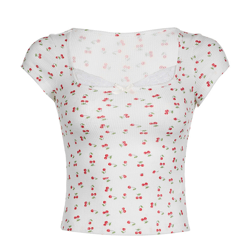 T-shirt d'été à col carré avec coutures en dentelle florale de cerisier pastorale mignonne pour fille, haut à manches courtes coupe ajustée