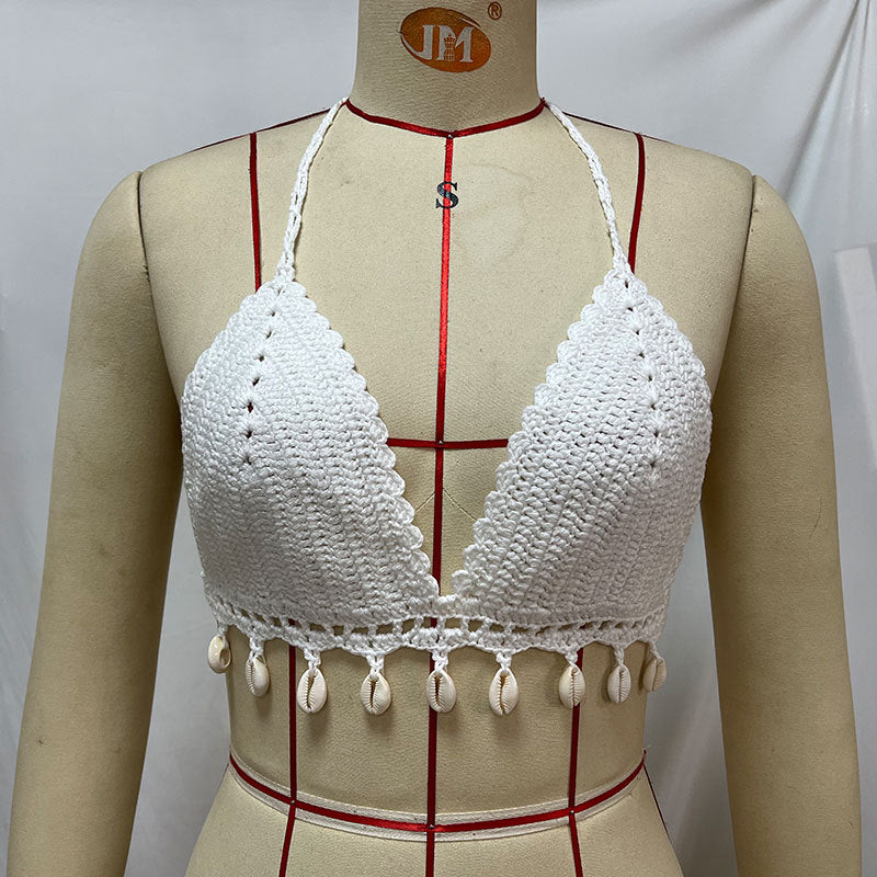 Beach Vacation Shell Bikini Solid Color Hollow Out Cutout Hand Crochet Embellished Sexy Beach Swimsuit