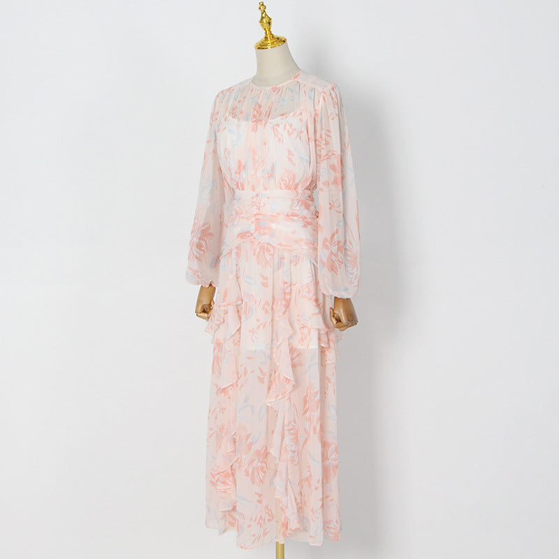 Robe à volants florale automne col rond manches longues qualité plissée imprimé robe Maxi