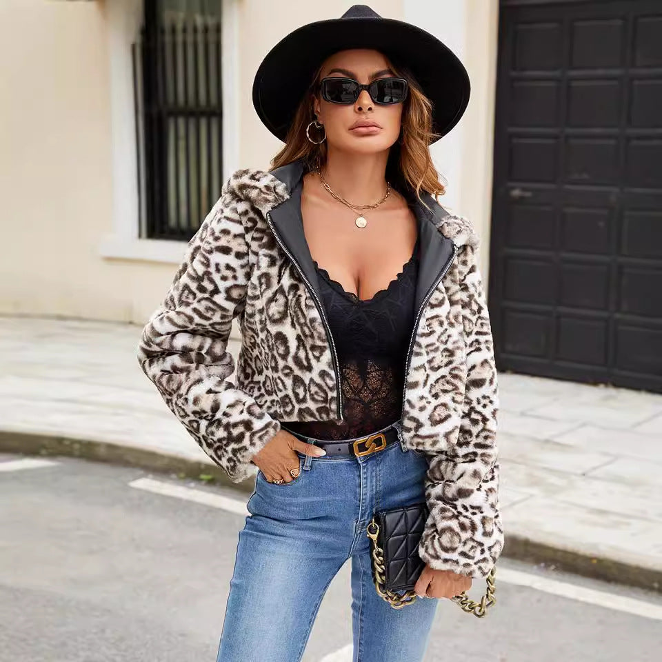 Casual Hooded Faux Fur Leopard Coat Plush Short Coat Fall/Winter Jacket