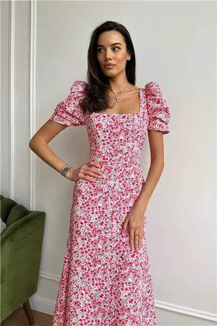 Vestido fresco de manga corta floral adelgazante con cintura para mujer