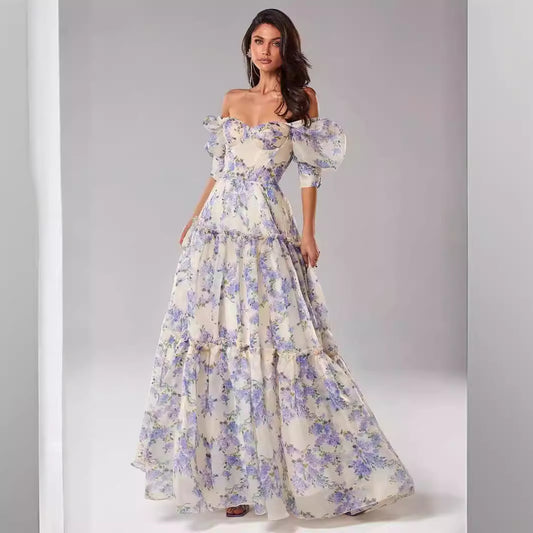 Primavera Verano fuera del hombro Mujer Organza Hada Vestido de noche largo y elegante