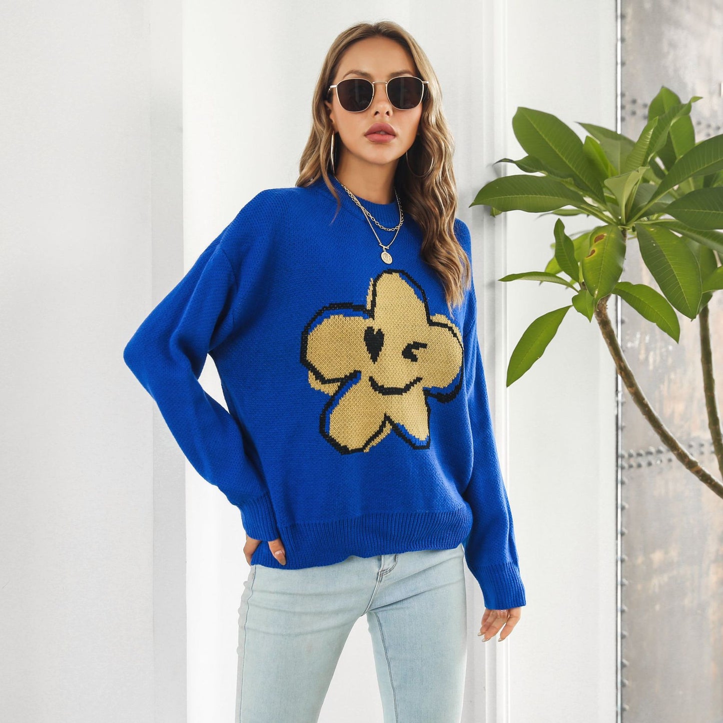 Cute Floral Cartoon Brocade Sweater Women Loose Sweater Casual Women Clothing Sweater