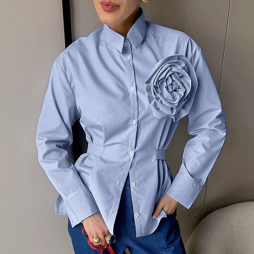 Autumn Casual Striped Blue Floral Slim Fit Long Sleeved Polyester Cotton Shirt Russian Office All Matching Shirt Women