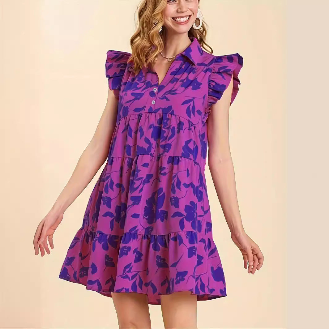 Robe à fleurs magenta à volants et col en V pour femmes