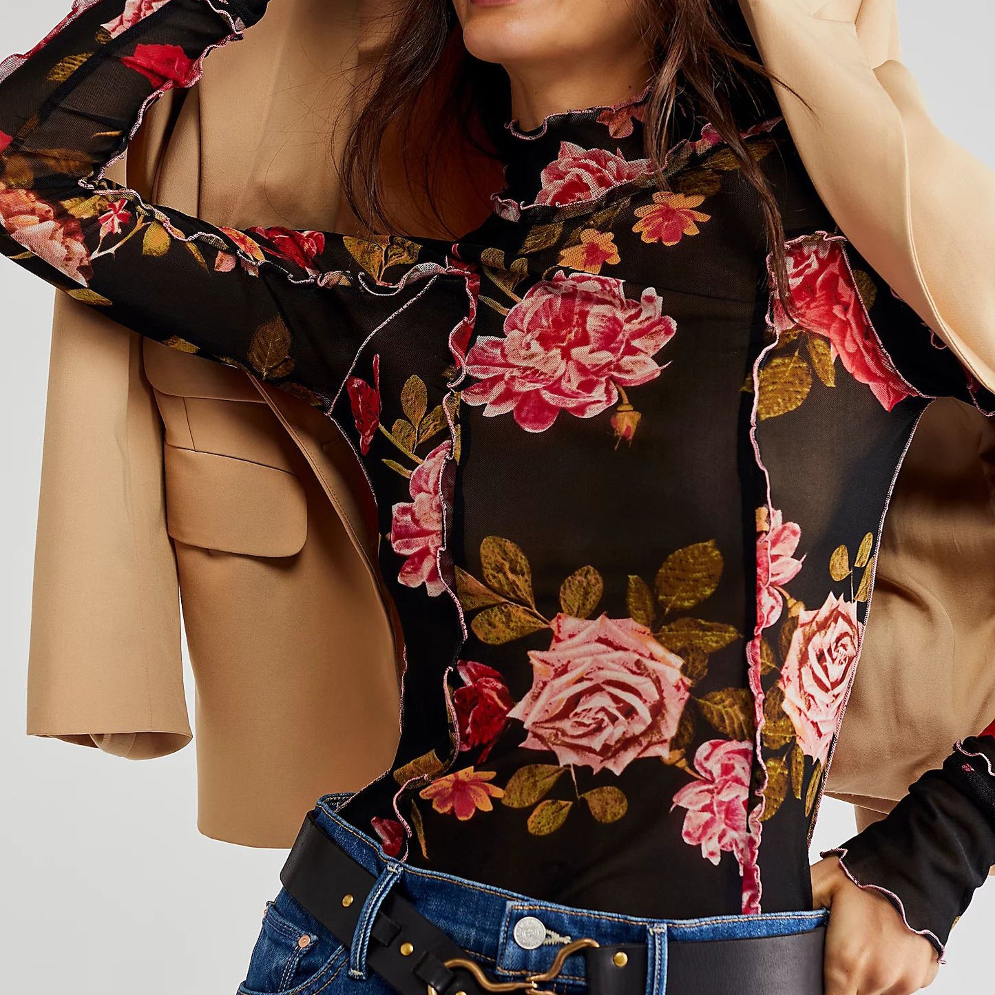 Long Sleeve Slim Fit Autumn Winter Plant Floral Floral Print Turtleneck Top Women Clothing