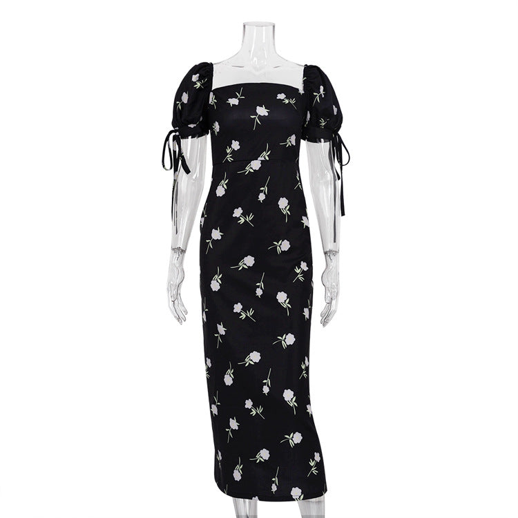 Robe longue à fleurs pour femmes, vêtements d'été, manches bouffantes, col rond, coupe cintrée, vêtements de vacances