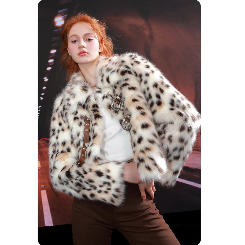 Women Fur Jacket Faux Fur Coat Collared Warm Wool Coat Casual Leopard Print Short Clothing