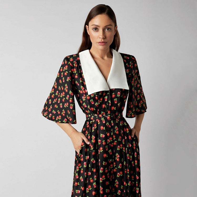 Vestido elegante de mujer con estampado floral, abertura en la cintura, corte A, manga corta, cuello de muñeca