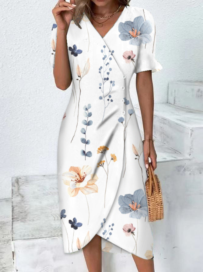 Robe décontractée à imprimé floral et col en V pour femmes