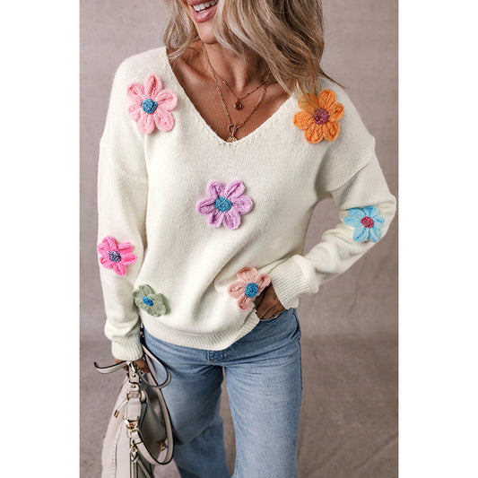 Winter Floral Crochet V Neck Pullover Sweater Women Playful Younger Knitwear Women