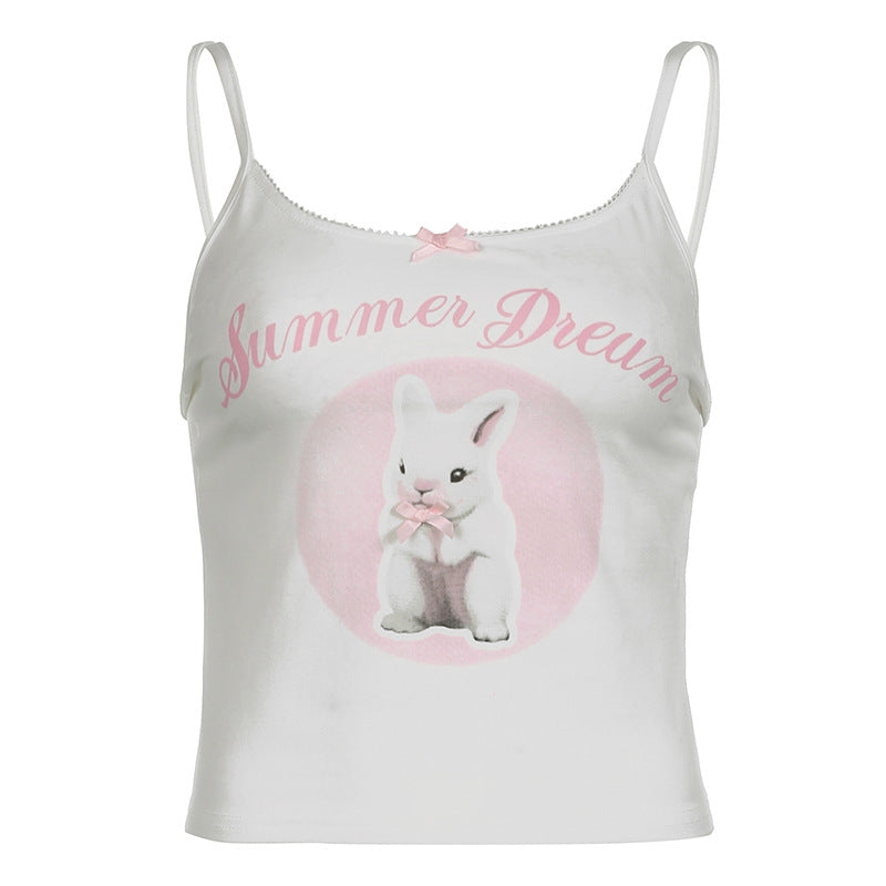 Sweet Cartoon Dopamine Rabbit Print Bow Suspenders Summer Cute Slim Basic Sleeveless Vest