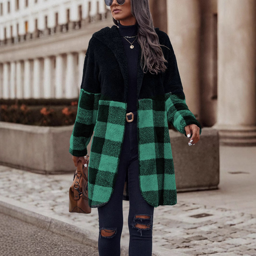 Autumn Winter Hooded Plush Plaid Coat Loose Mid Length Coat