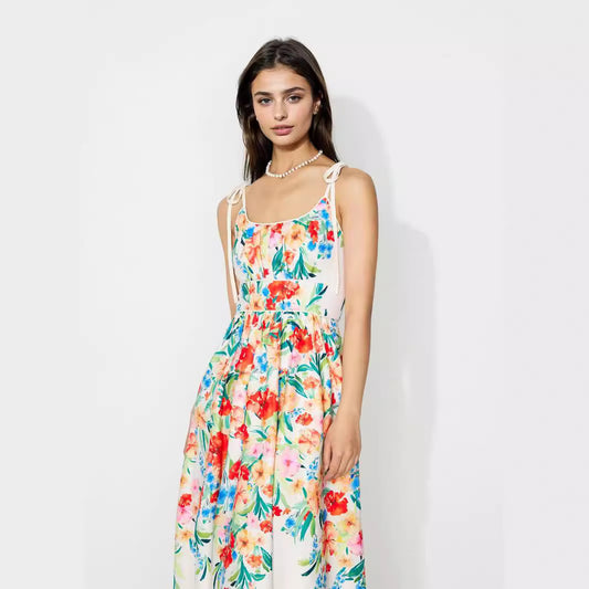 Vestido estampado de cintura alta con tirantes de verano para mujer