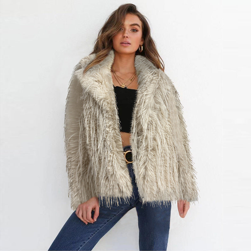 Short Solid Color Faux Fur Coat Women Autumn Winter Tassel Wool Coat