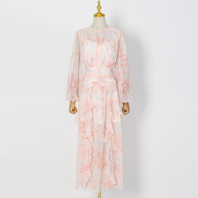 Robe à volants florale automne col rond manches longues qualité plissée imprimé robe Maxi