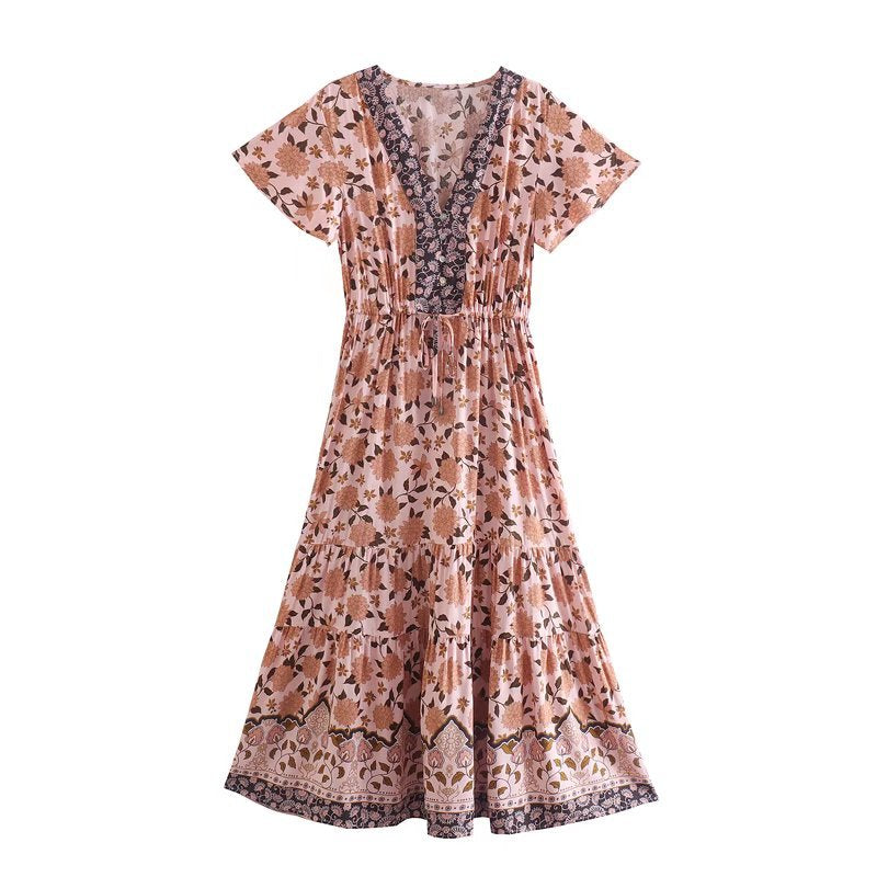 Vestido bohemio de manga corta con escote en V y estampado floral de rayón para mujer