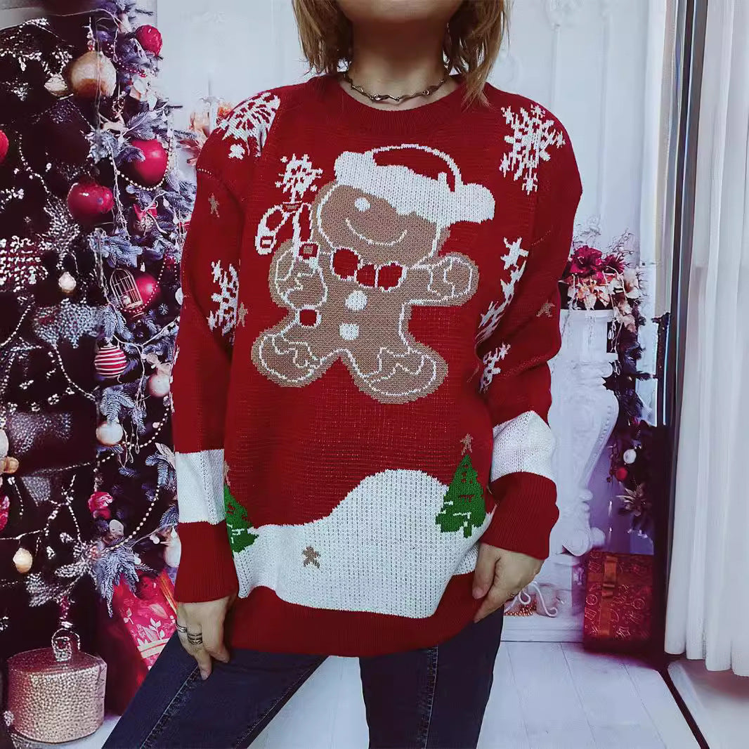 Christmas Sweater Cute Snowman Pattern round Neck Long Sleeve Knitted Pullover Year Sweater