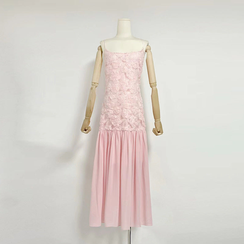 Robe de soirée Socialite, jupe plissée florale brodée à bretelles, couleur unie, été