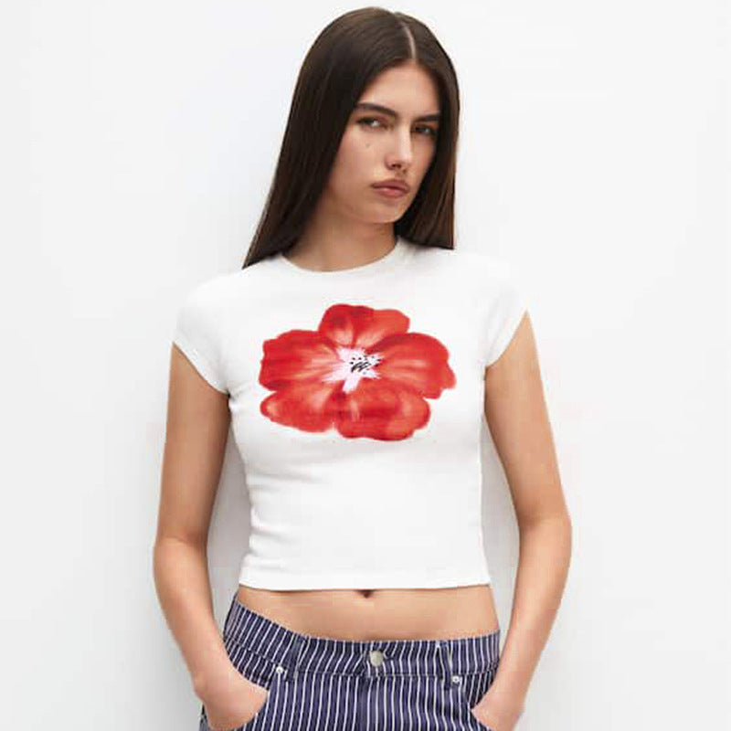 Ropa de mujer Camiseta corta de manga corta con cuello redondo y estampado callejero