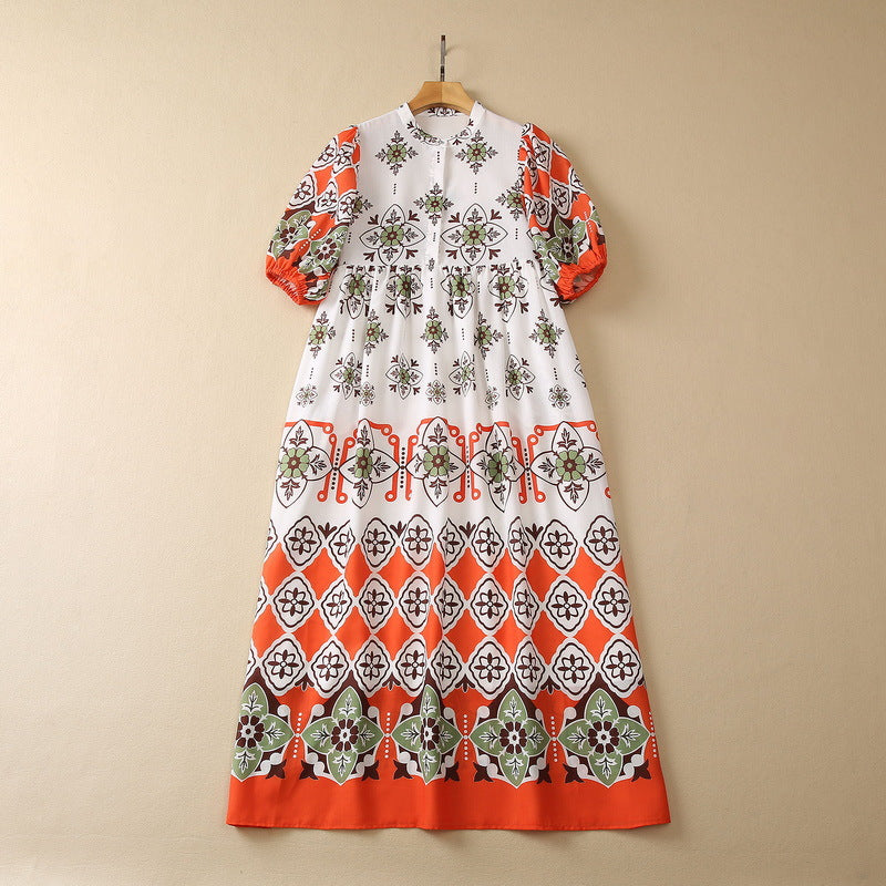 Loose Waist Cotton And Linen Printed Short-sleeved Dress