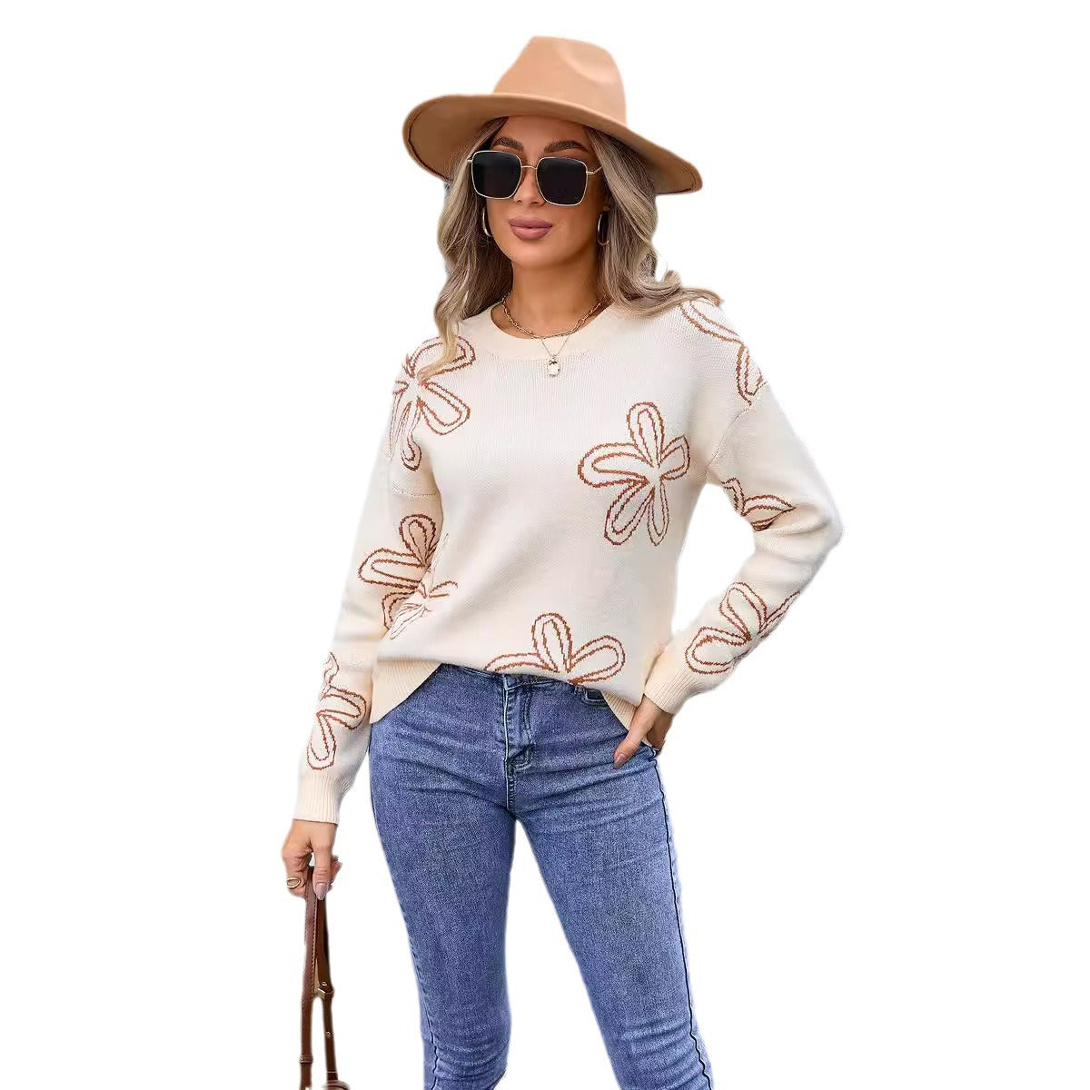 Otoño Invierno ropa de mujer suéter ropa de mujer Floral manga larga suéter de cuello redondo Mujer