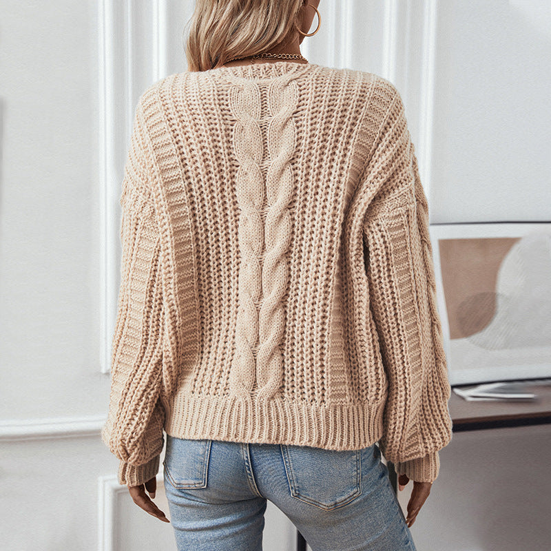 Solid Color Twisted Sweater Women Autumn Winter Retro Loose Lantern Sleeve Twisted Sweater