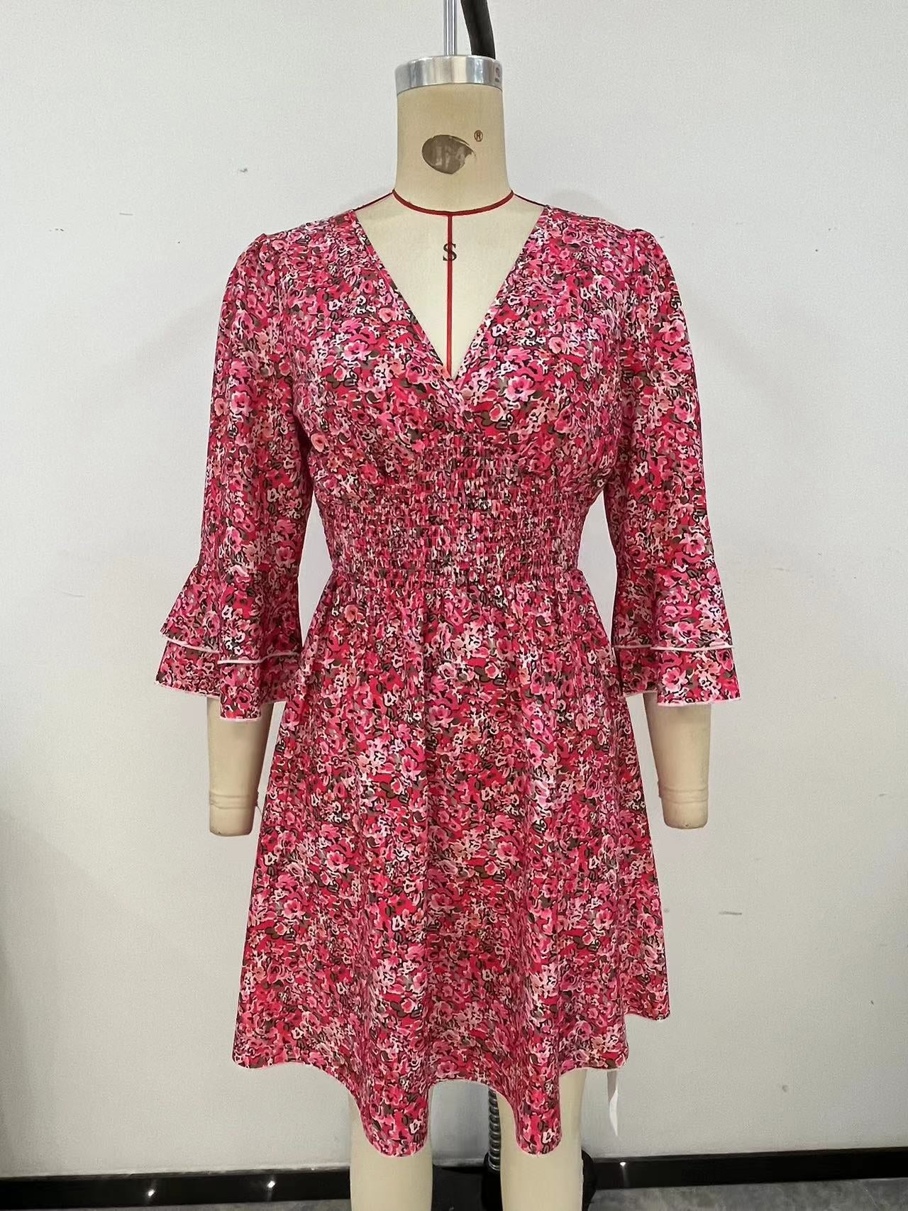 Ropa de mujer Vestido floral sexy con cuello en V y flores de agua de verano