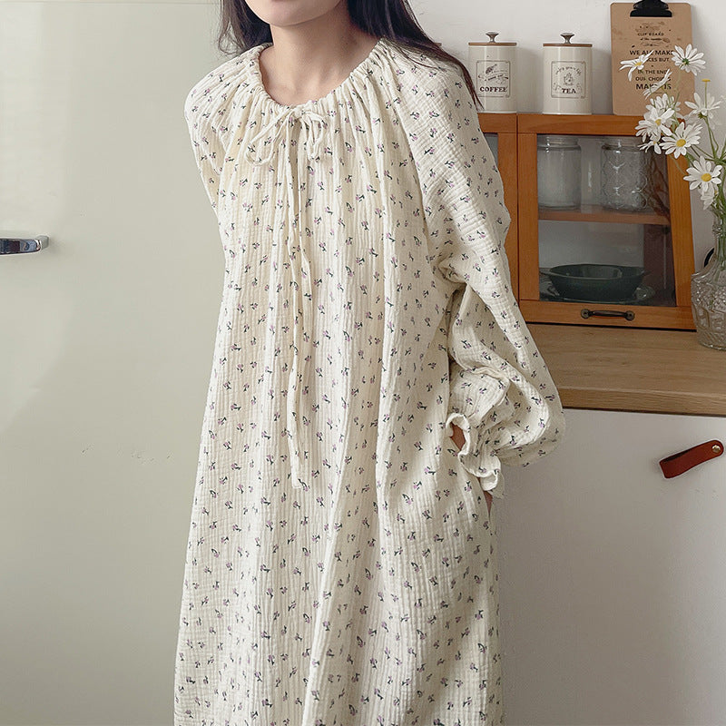 Robe coréenne en coton, petit motif Floral à lacets, manches longues, doux, vêtements d'extérieur pour la maison