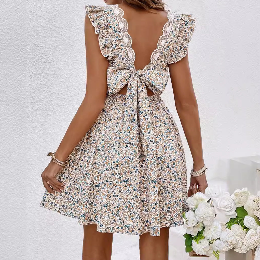 Ropa de mujer Vestido con cuello en V y manga cubierta con volantes y estampado floral para mujer Vestido acampanado sin espalda con cordones