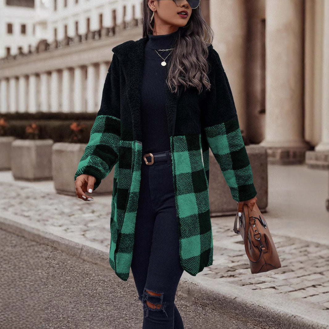 Autumn Winter Hooded Plush Plaid Coat Loose Mid Length Coat