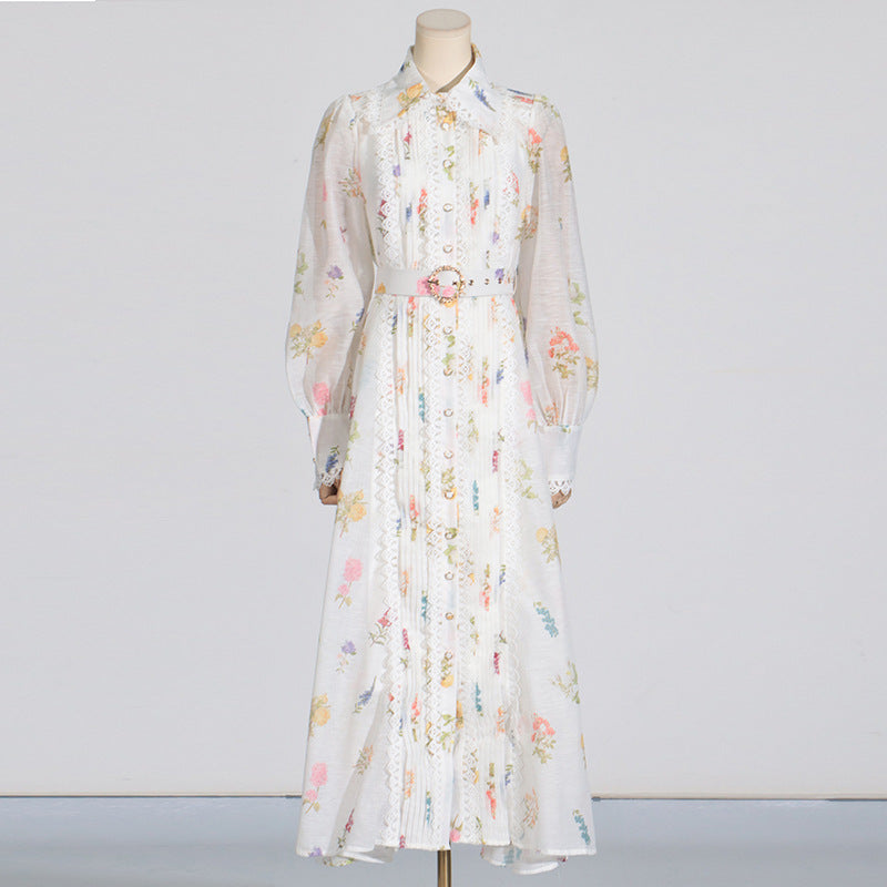 Robe longue à lacets et col montant artistique pour femme, manches bouffantes, longue, imprimée, à la taille