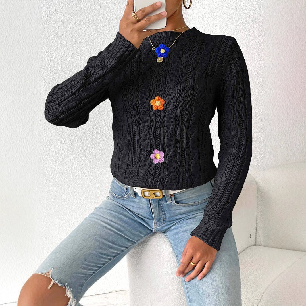 Women Clothing Autumn Winter round Neck Pullover Simple Bottoming Shirt Stitching Woven Sweater