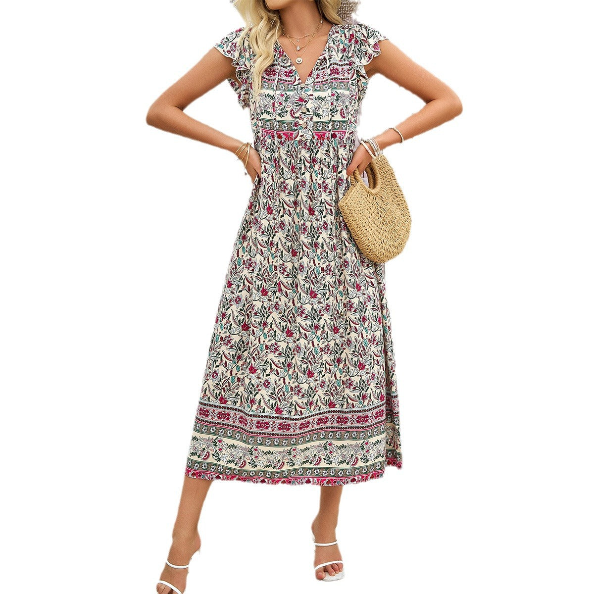 Robe décontractée à col en V et imprimé floral pour femmes