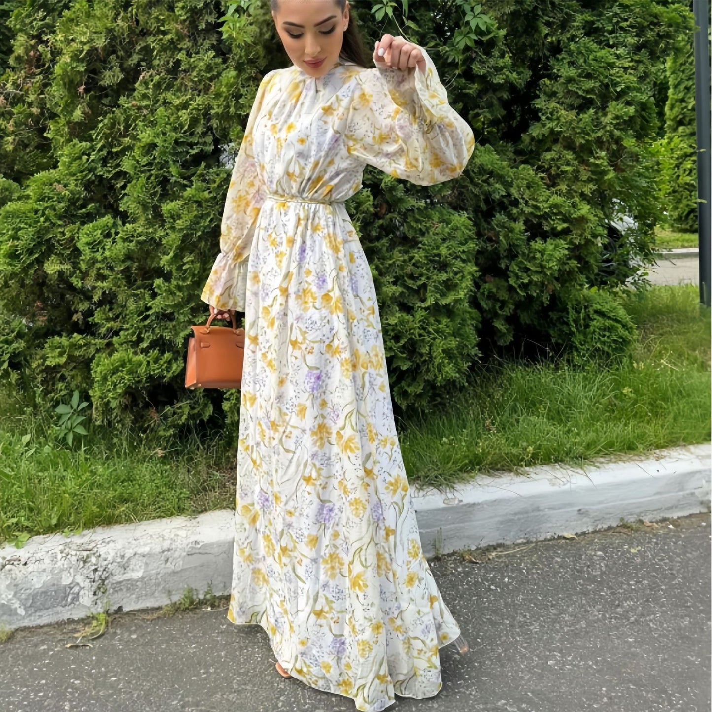 Vestido largo elegante de gasa con estampado francés y cordones en la cintura para mujer