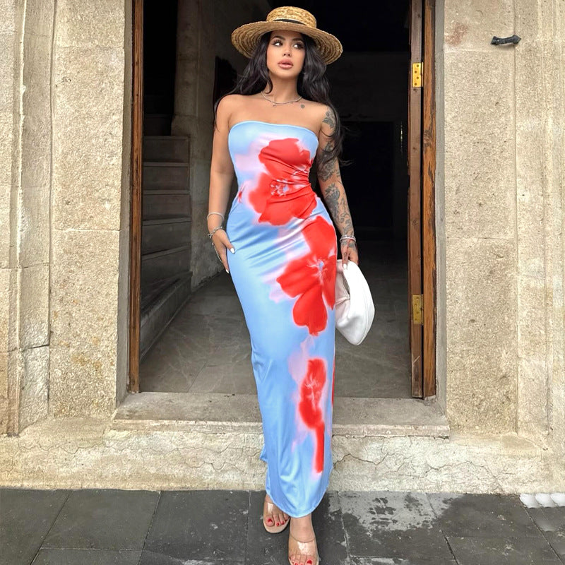 Ropa de mujer Vestido largo con abertura en la cintura alta y corte entallado con estampado floral y top de tubo de verano