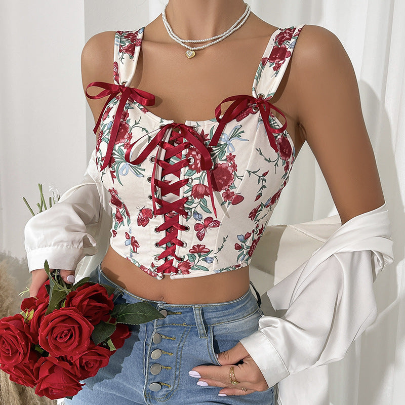 Arrival Printed Sexy Short Lace up Corset Floral Spaghetti Strap Camisole Top